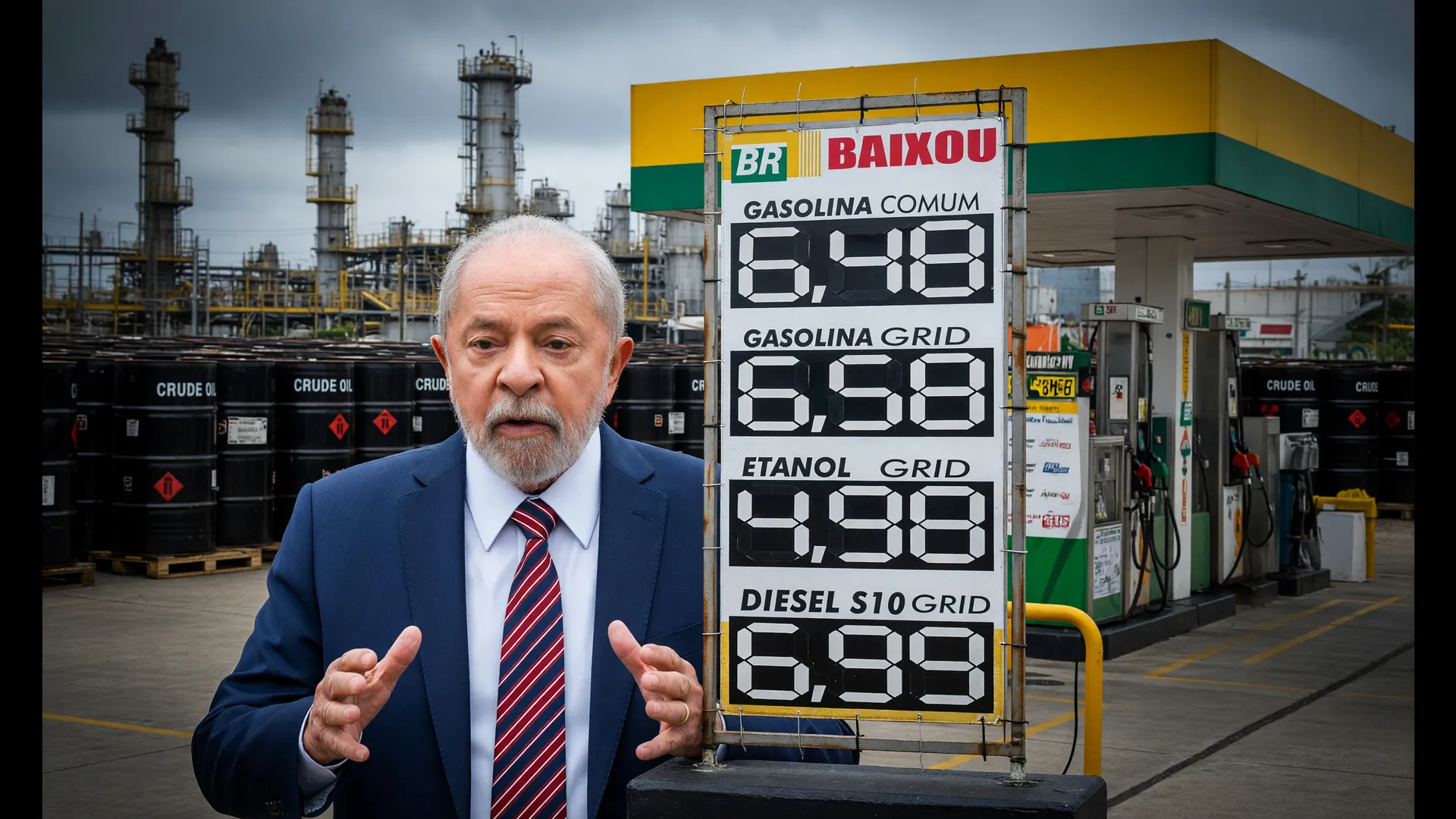 Ação de indenização contra distribuidoras de diesel: barricas de petróleo e posto de combustível em ilustração jornalística