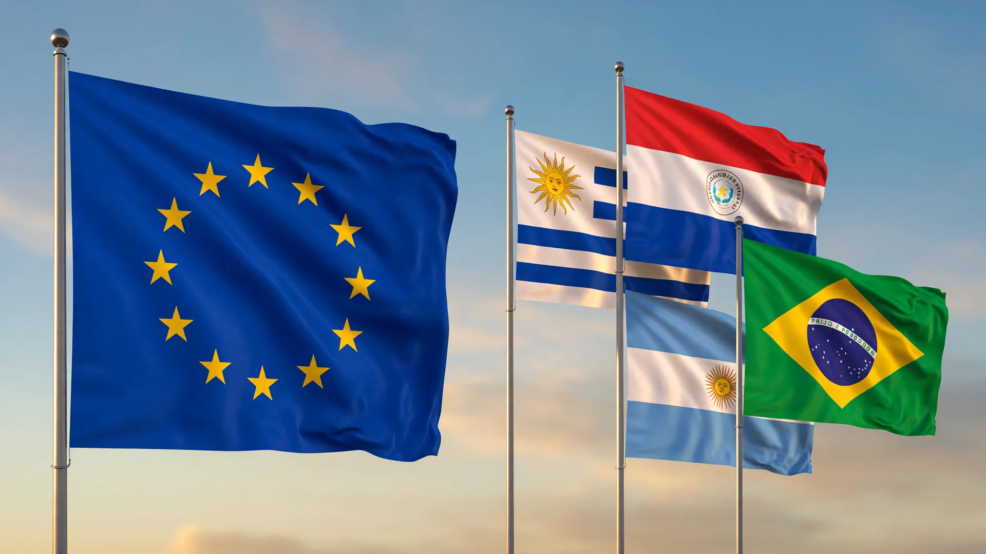 Bandeiras da União Europeia e Mercosul representam o acordo Mercosul UE vigência provisória