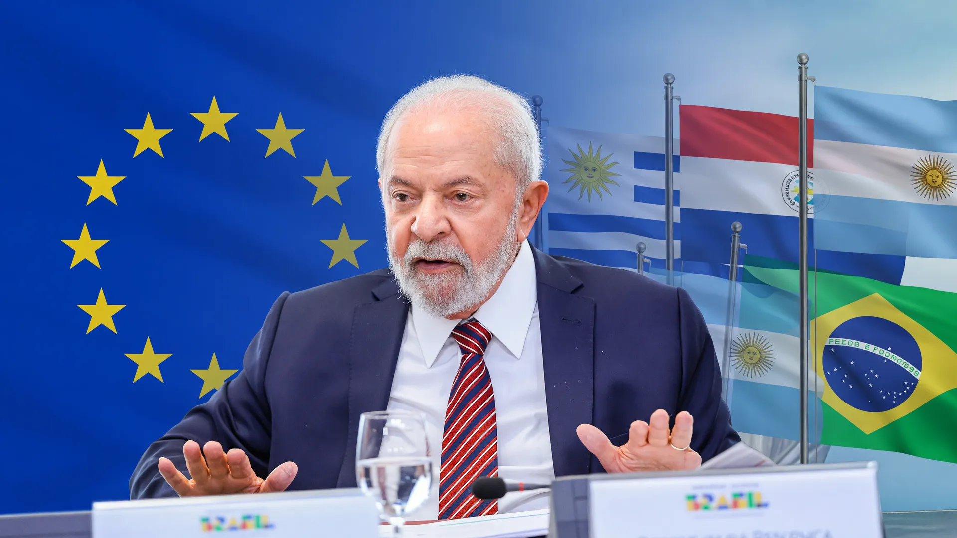 Lula com bandeiras da UE e Mercosul representando o acordo Mercosul UE vigor provisório