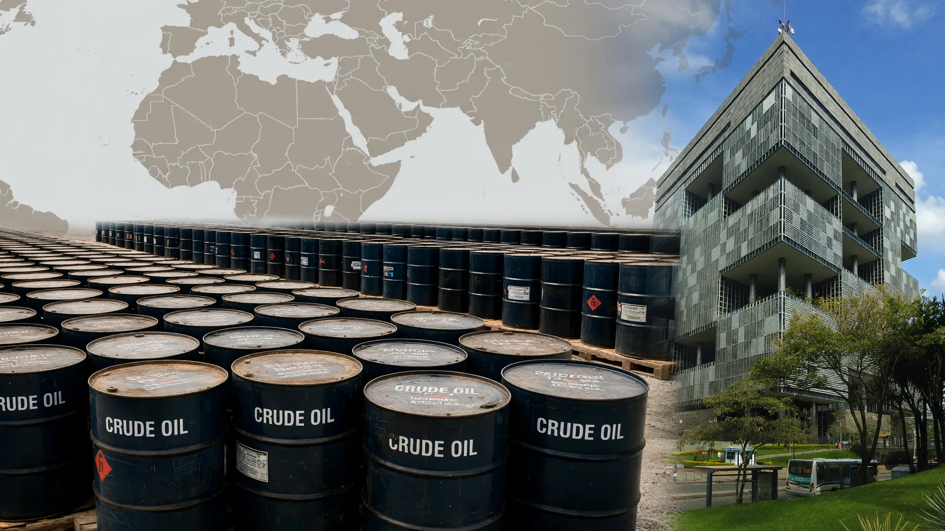 Mapa do Oriente Médio, barris de petróleo industrial e sede Petrobras refletem a alta do diesel desde a guerra