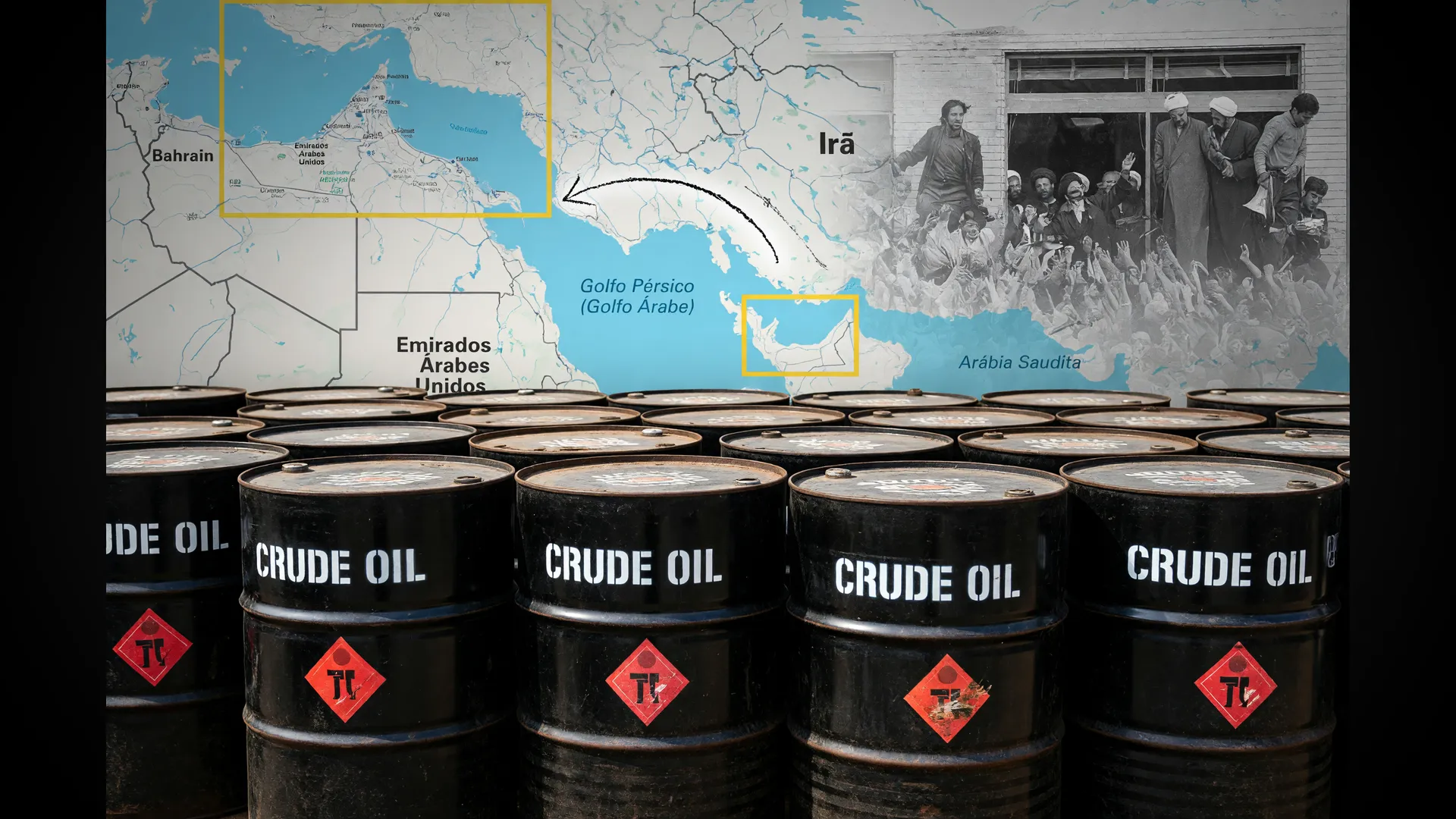 Ilustração editorial mostrando a alta do petróleo conflito Oriente Médio com barris, Estreito de Ormuz e tensões iranianas
