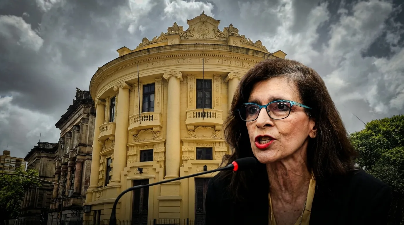 Reitora Márcia Barbosa discursando pela UFRGS, defendendo as universidades públicas contra ataques das big techs