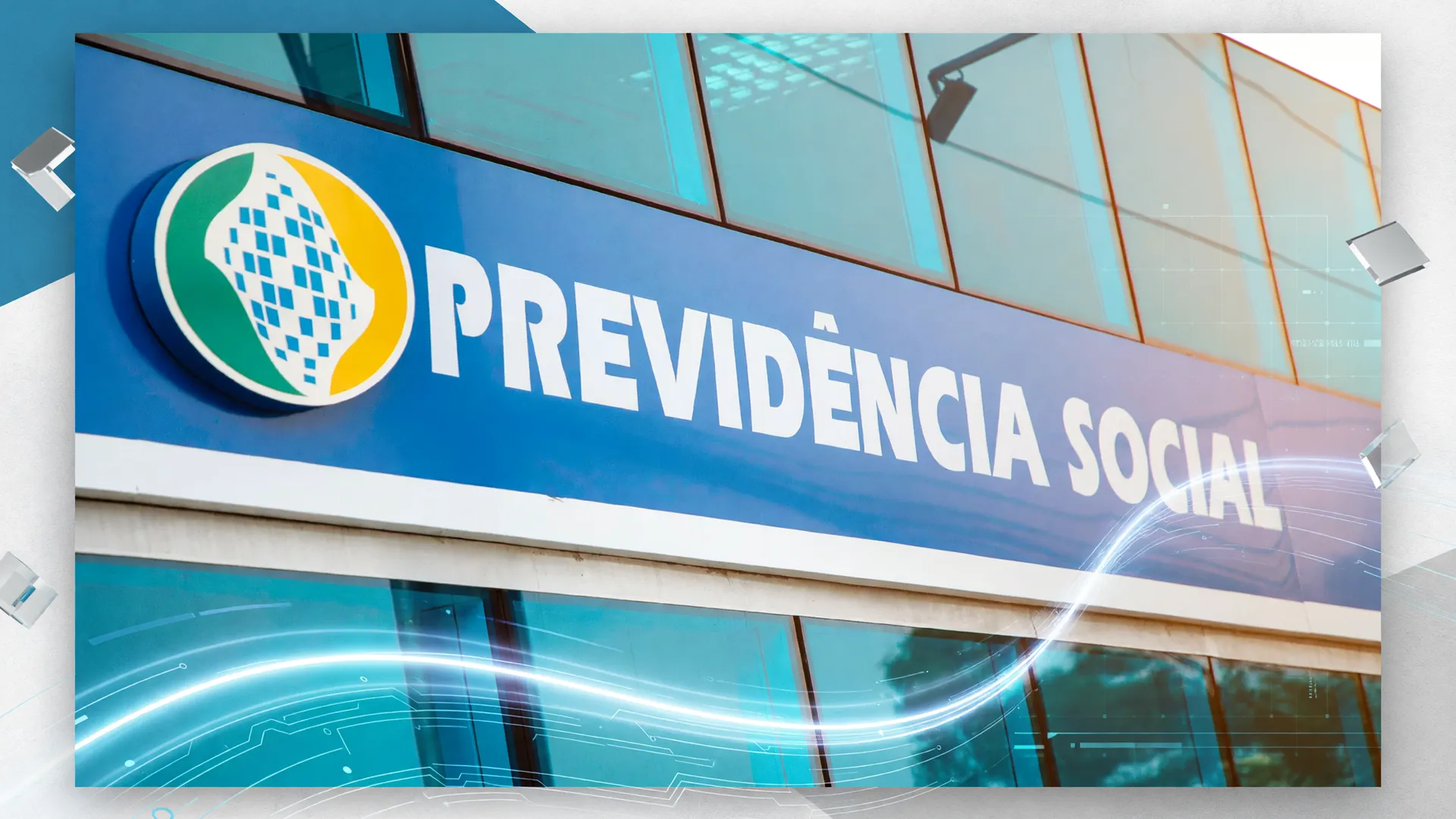 Fachada moderna do INSS com signagem azul, representando auxílio doença sem perícia e acesso digital a benefícios