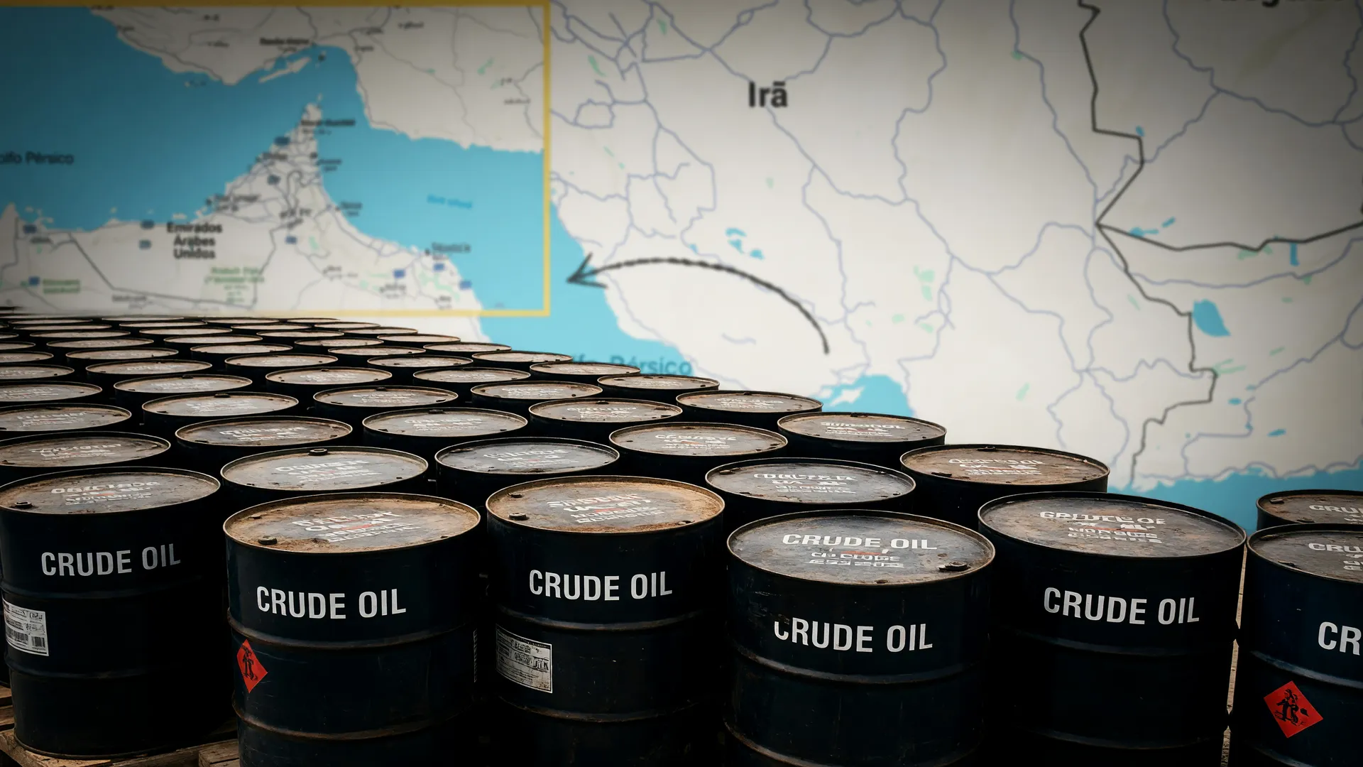 Mapa do Estreito de Ormuz e barris de petróleo refletem crise do Oriente Médio impactando bolsas asiáticas
