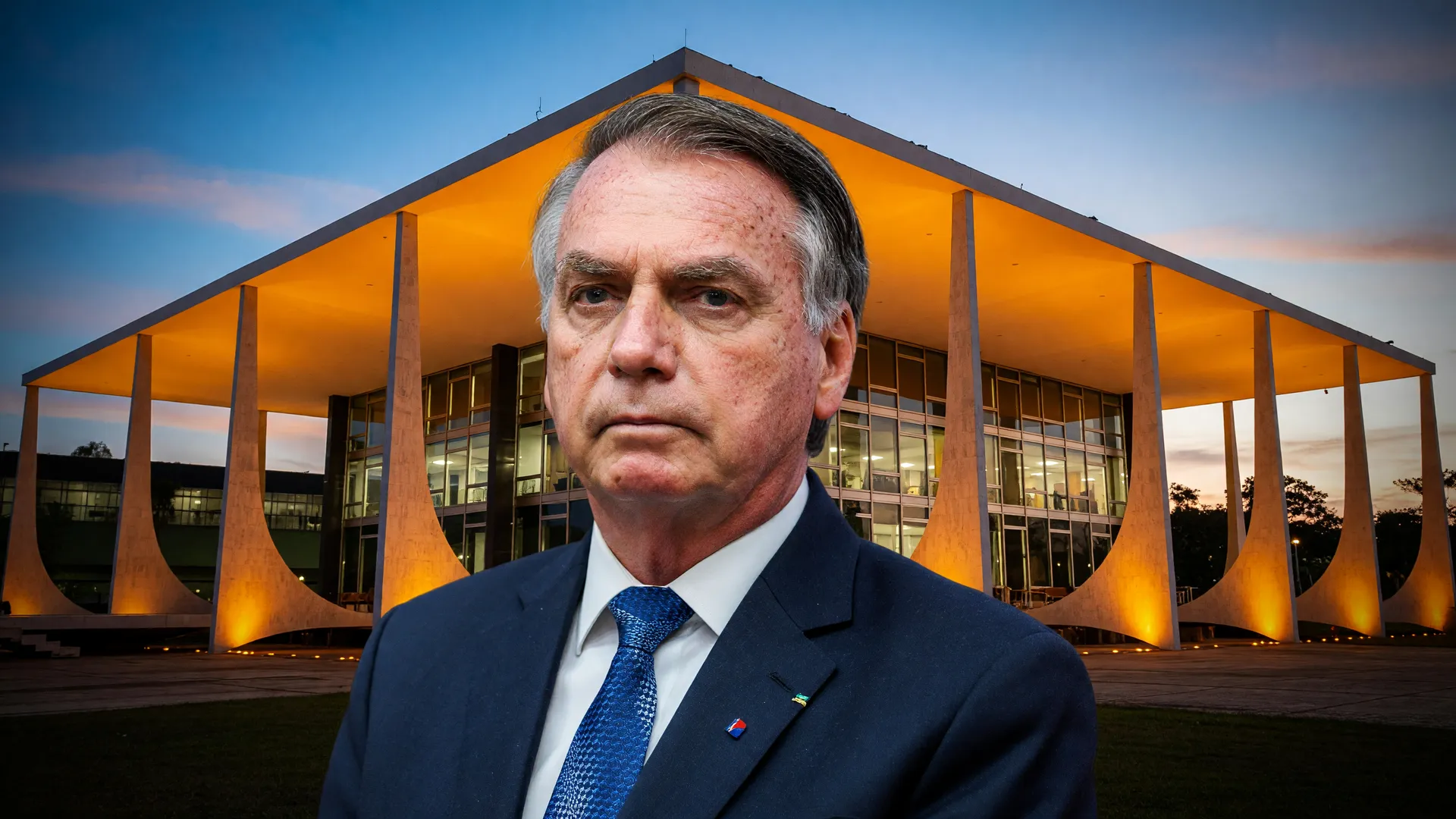 Bolsonaro no STF com iluminação dramática ao entardecer, refletindo decisão de prisão domiciliar por motivos de saúde