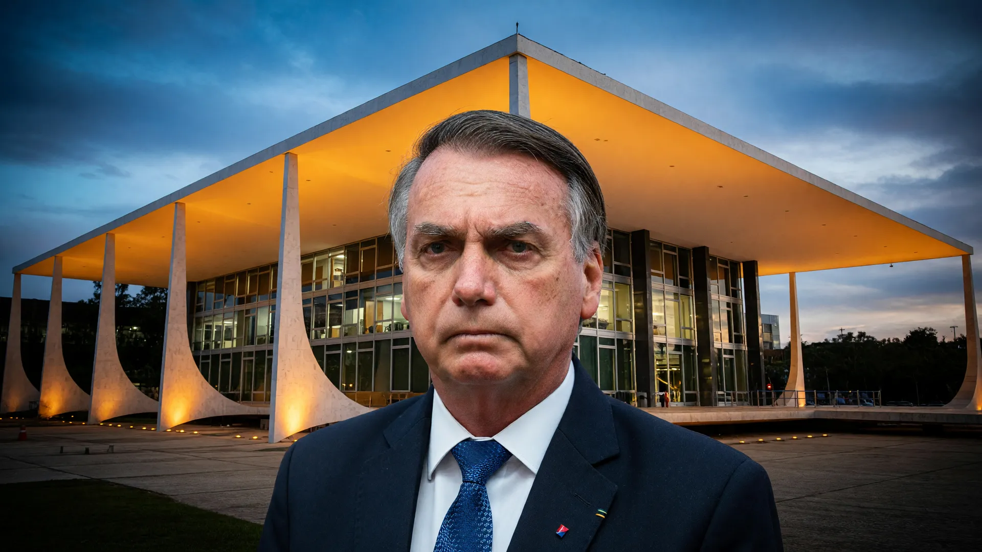 Bolsonaro tornozeleira eletrônica: retrato de prisão domiciliar, STF ao fundo em iluminação crepuscular