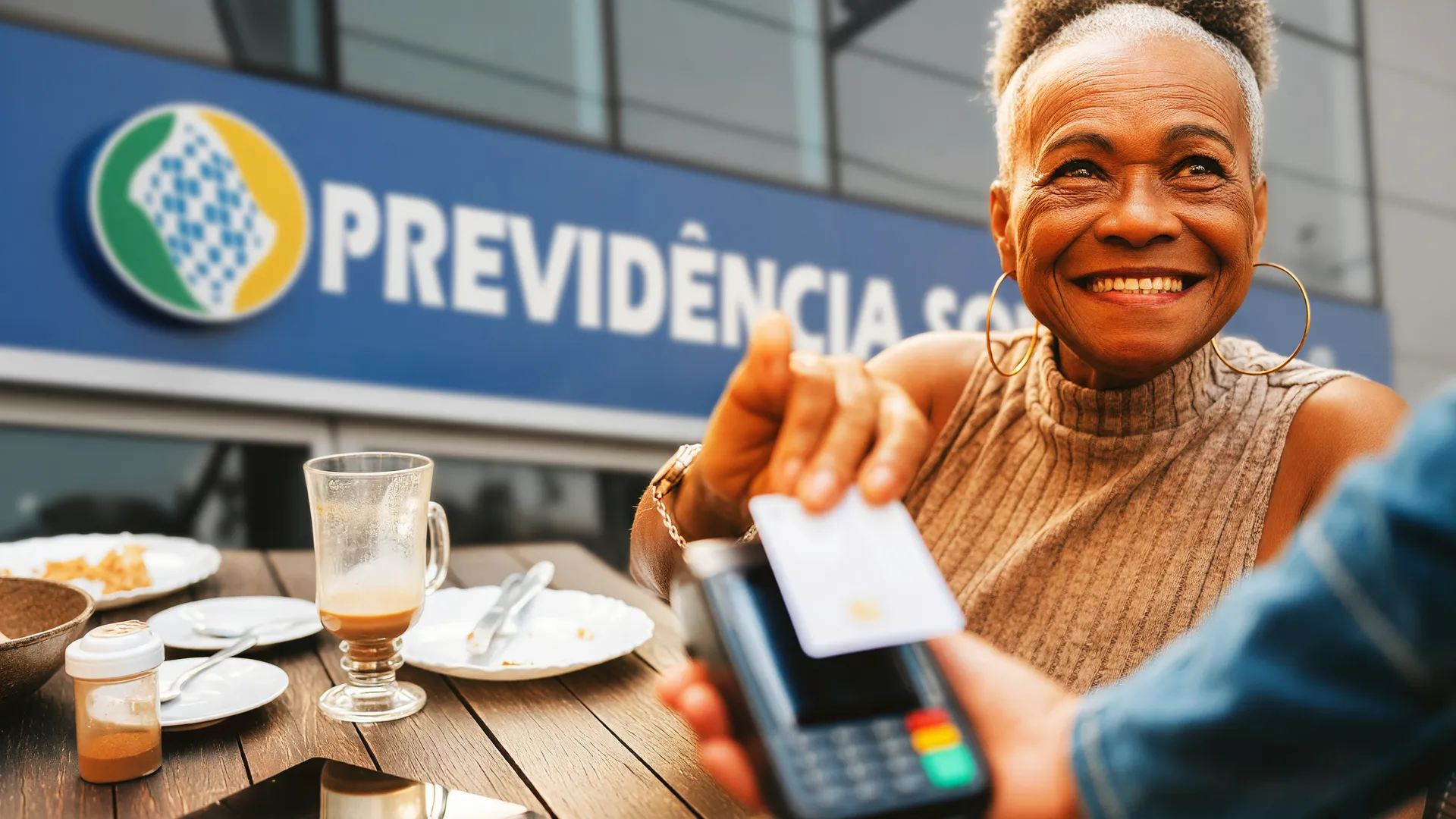 Prédio do INSS e aposentada em transação financeira, representando a liminar na retomada do consignado C6 Bank