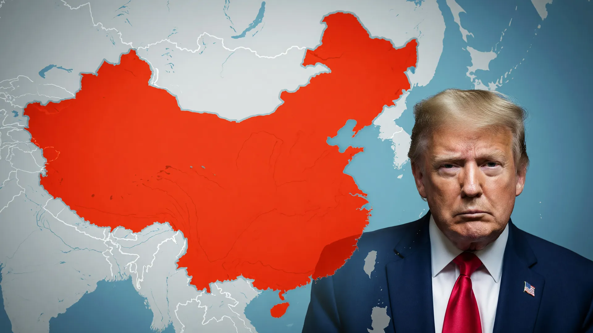 Mapa da China em vermelho e Trump, simbolizando a abertura econômica frente à guerra comercial