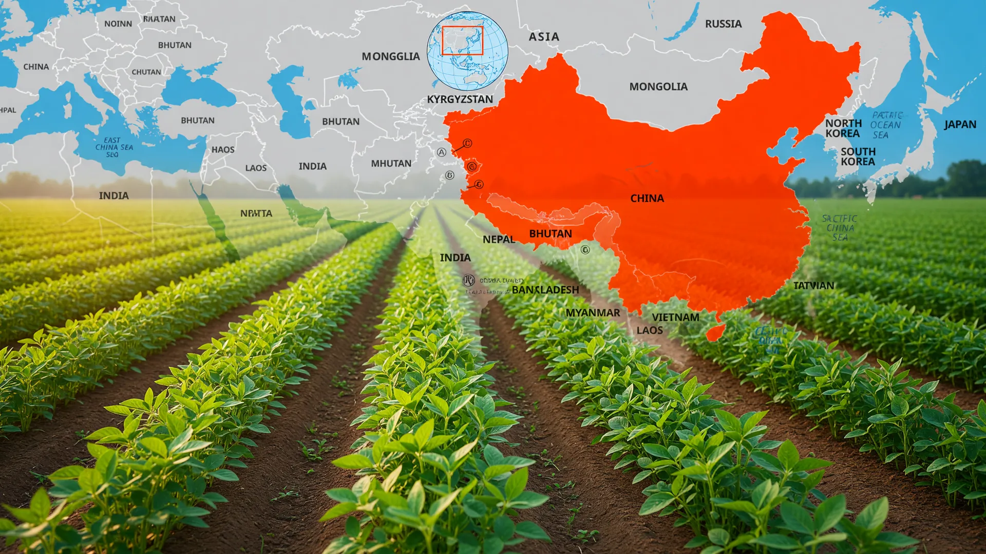 Plantação de soja com mapa da China: ilustrando como China flexibiliza regras para soja brasileira