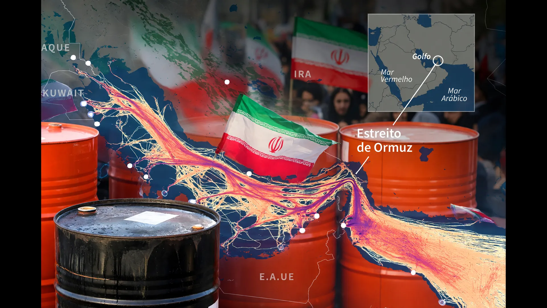 Coalizão internacional reabertura Estreito de Ormuz com visualização de tráfego marítimo, petróleo e contexto regional