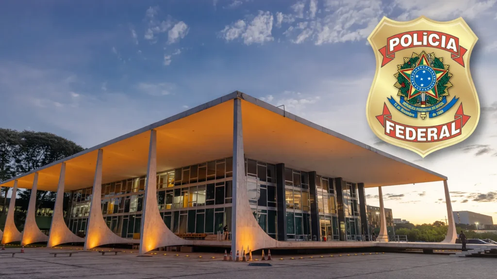 Fachada do STF e emblema da Polícia Federal em investigação de contador preso por vazar dados sigilosos