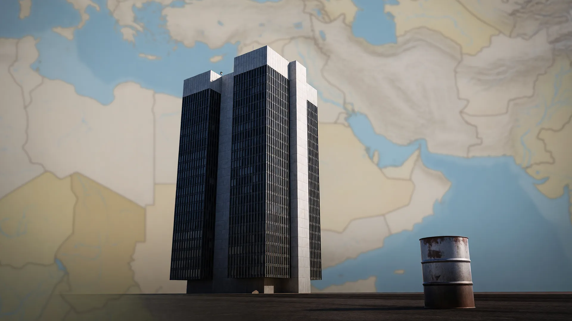 Torre do Banco Central, mapa do Oriente Médio e barril de petróleo: Copom corta Selic 14,75% ao ano