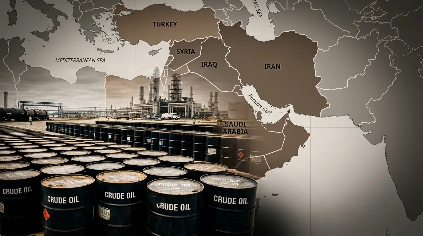 Barris de petróleo sobre mapa do Oriente Médio ilustrando o impacto do conflito no corte da Selic Copom 2026