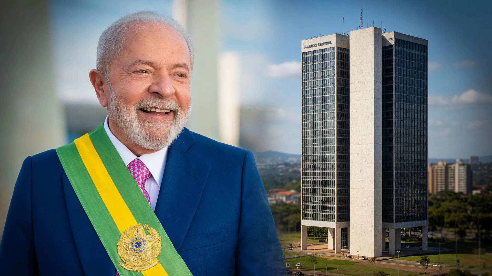 Lula e sede do Banco Central em Brasília representando a crítica presidencial ao corte de juros menor que o esperado