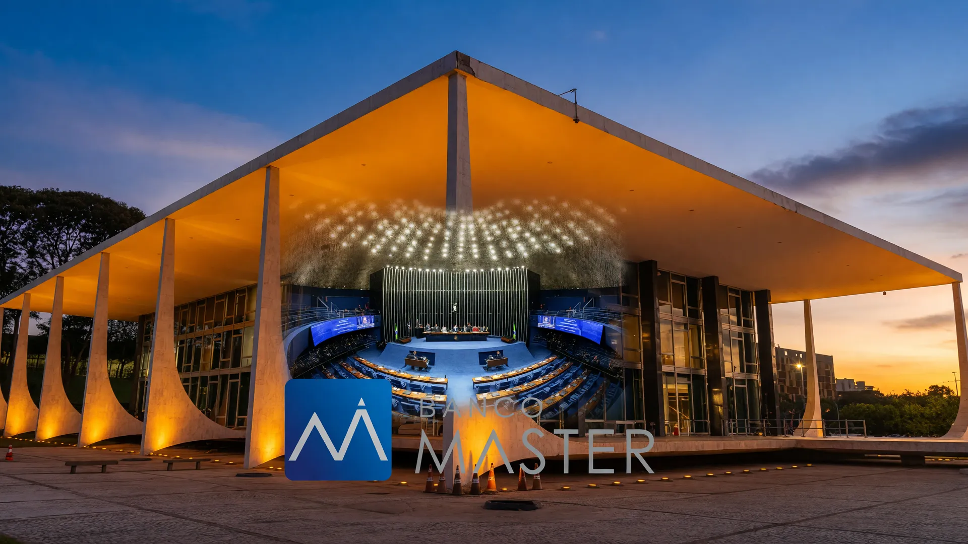 Colagem da CPI do Banco Master no STF: plenário do Senado Federal, fachada do tribunal e símbolo do Banco Master