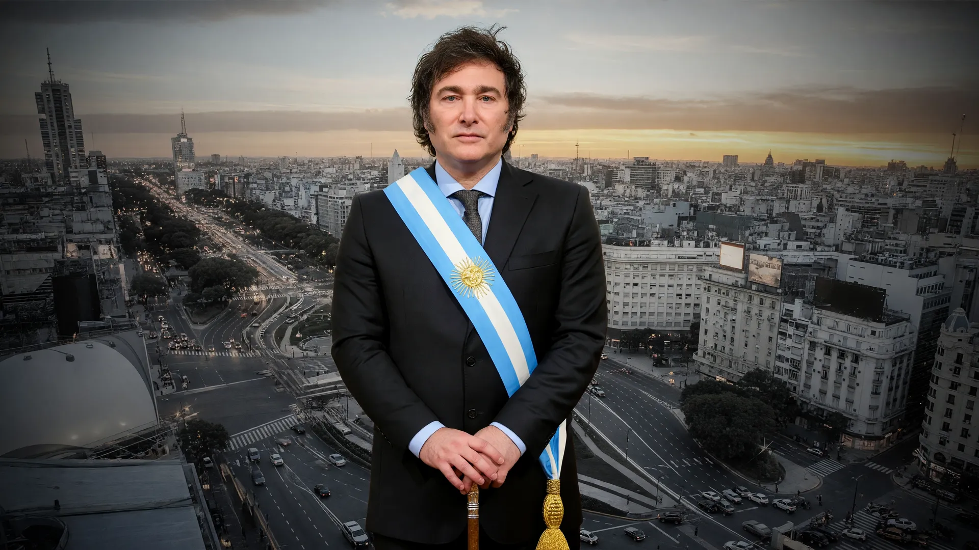 Javier Milei em retrato com Buenos Aires ao fundo, simbolizando crescimento econômico Argentina 2025 sem impacto cidadão