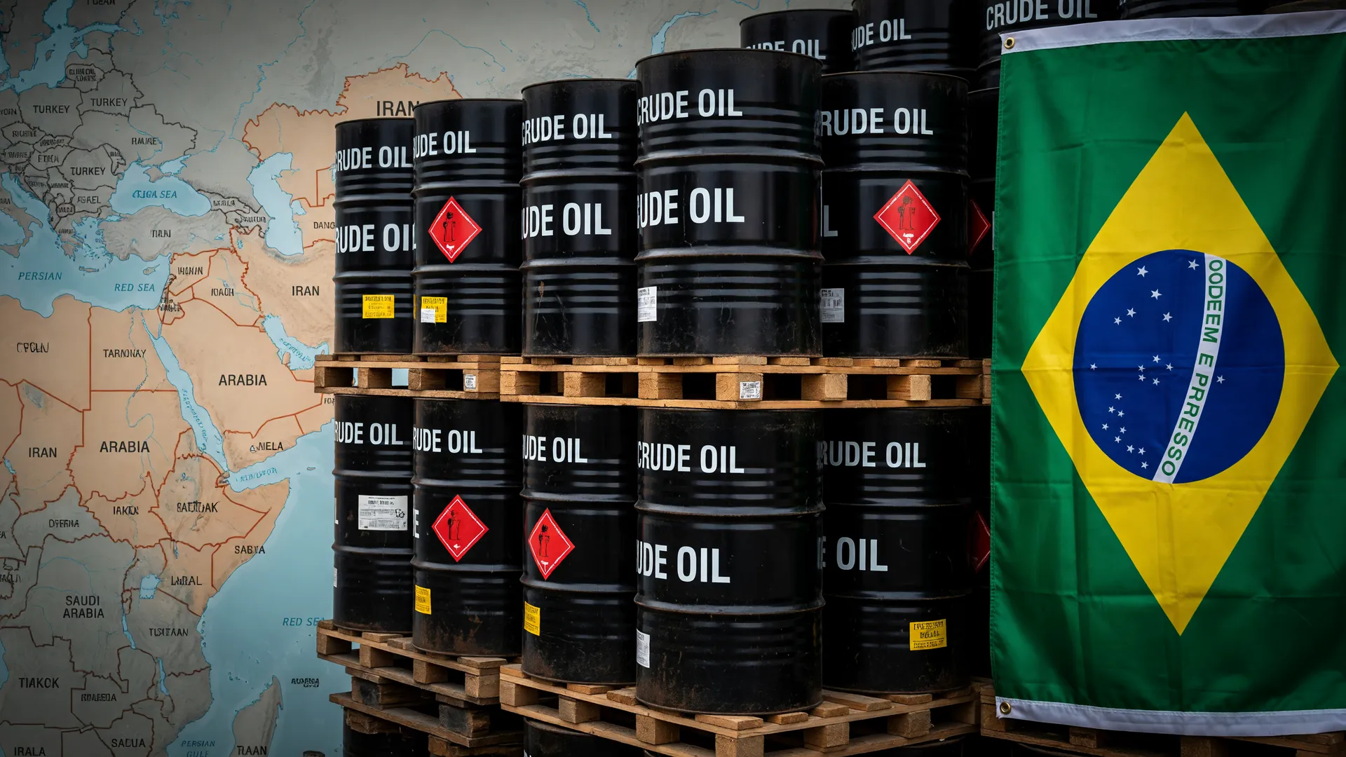 Mapa do Oriente Médio, barris de petróleo e bandeira brasileira ilustram crise de combustíveis guerra Oriente Médio