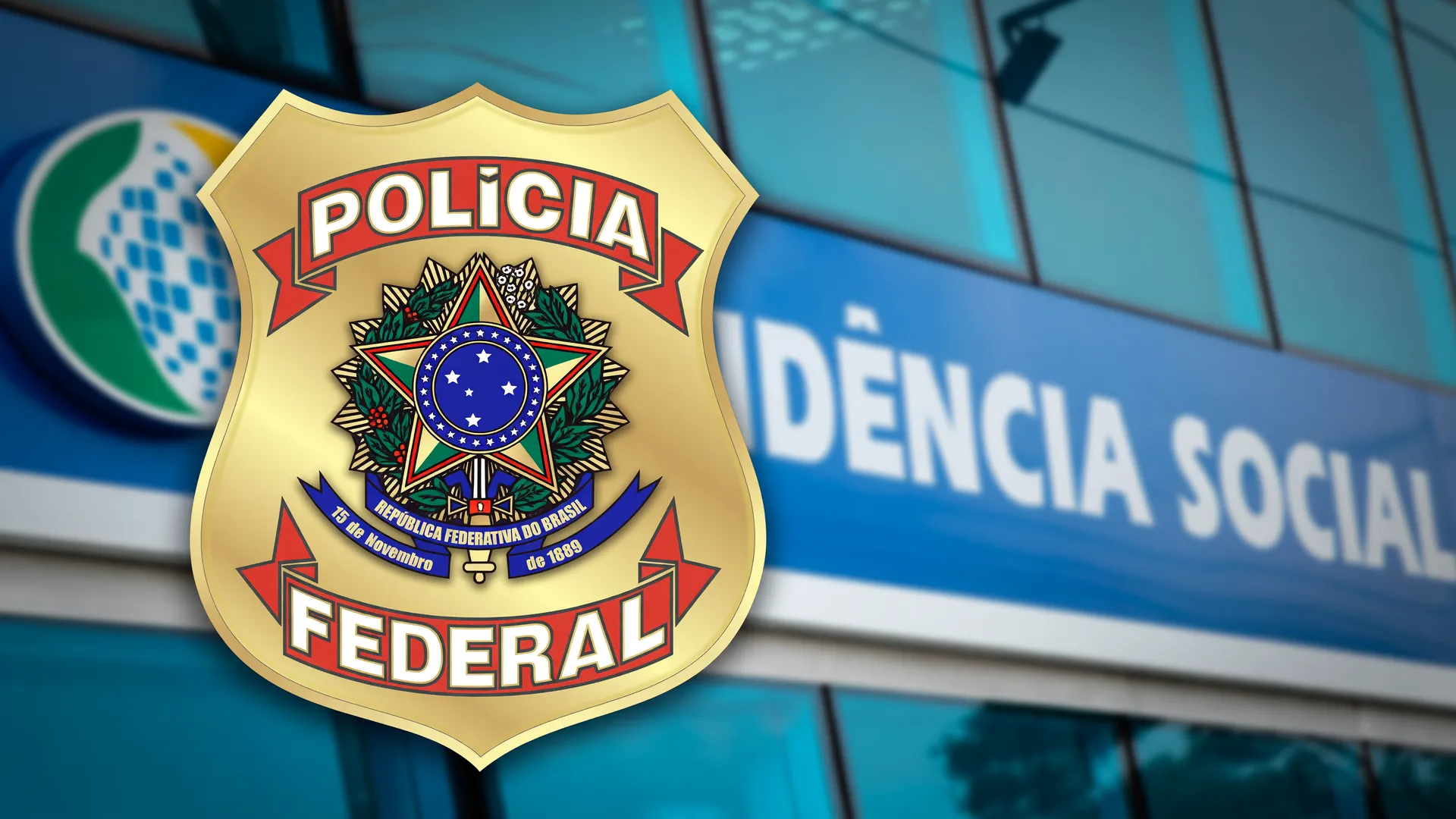 Brasão da Polícia Federal e fachada do INSS simbolizam investigação sobre delação premiada fraude INSS