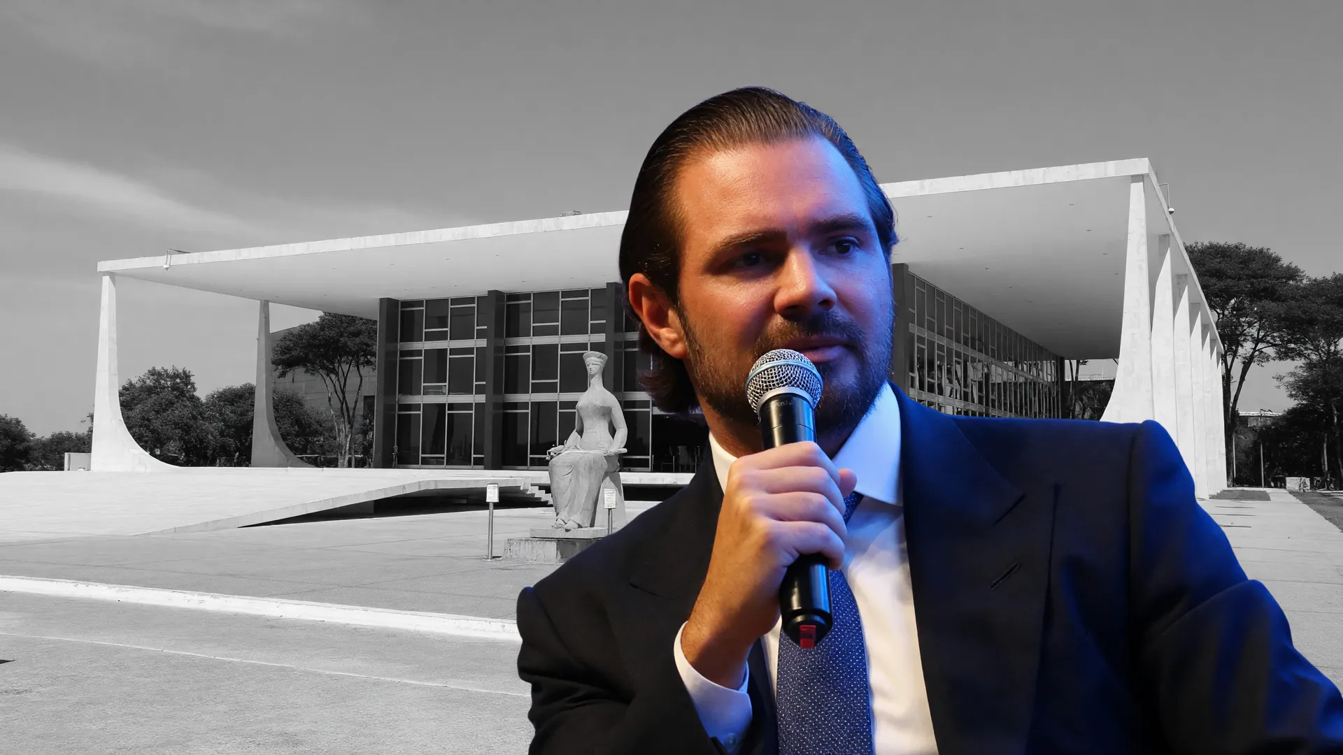 Daniel Vorcaro em primeiro plano com terno preto e gravata azul, ao fundo a fachada branca do STF com escultura de justiça, symbolizando delação em negociação na superintendência da PF