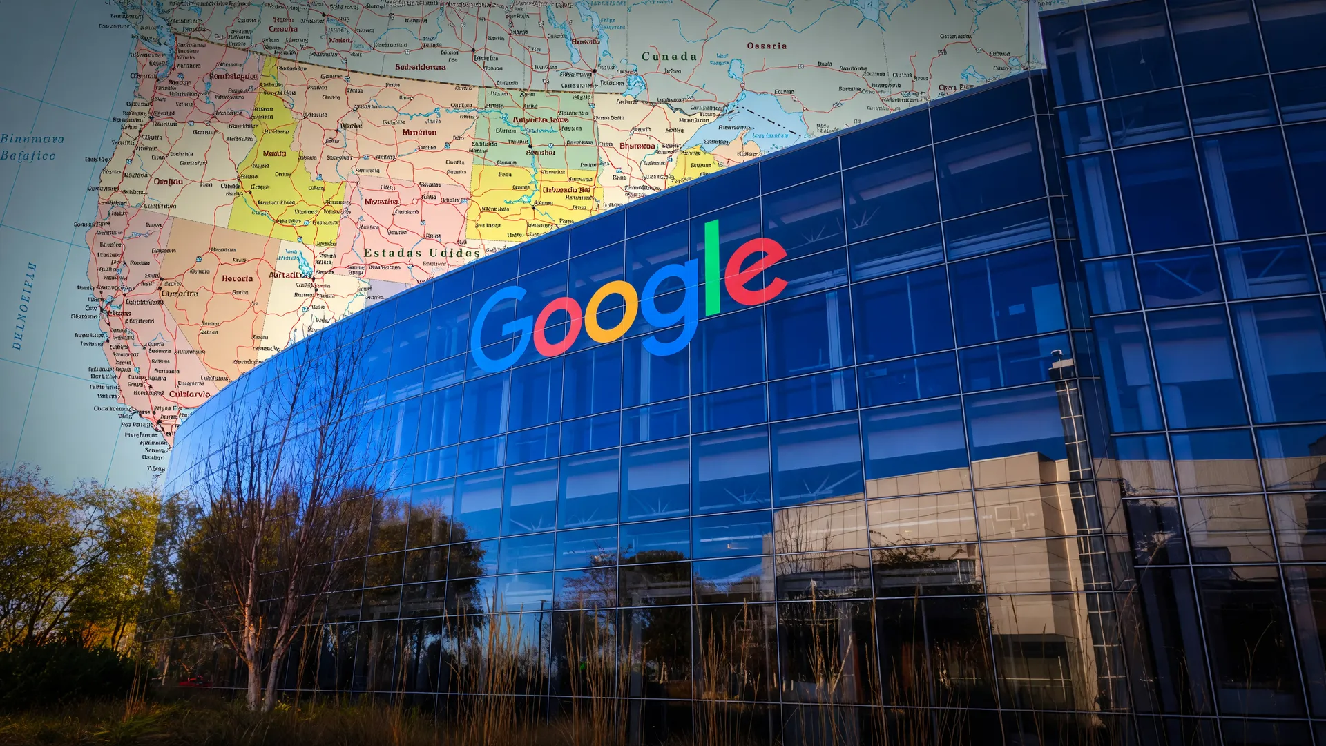 Edifício Google com mapa dos EUA refletindo como demanda de IA pressiona energia nos EUA
