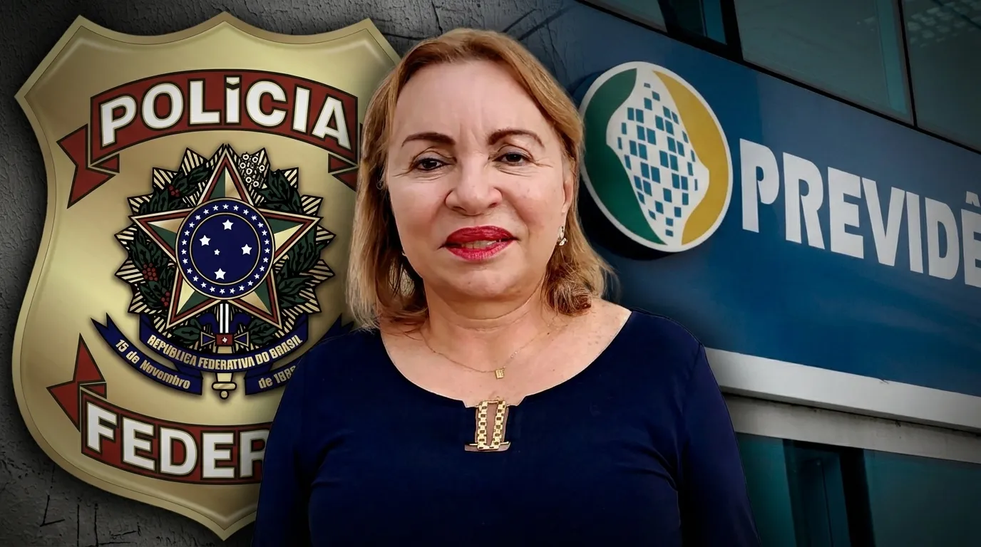 Deputada Maria Gorete com símbolos de Polícia Federal e INSS em ilustração sobre fraude previdenciária
