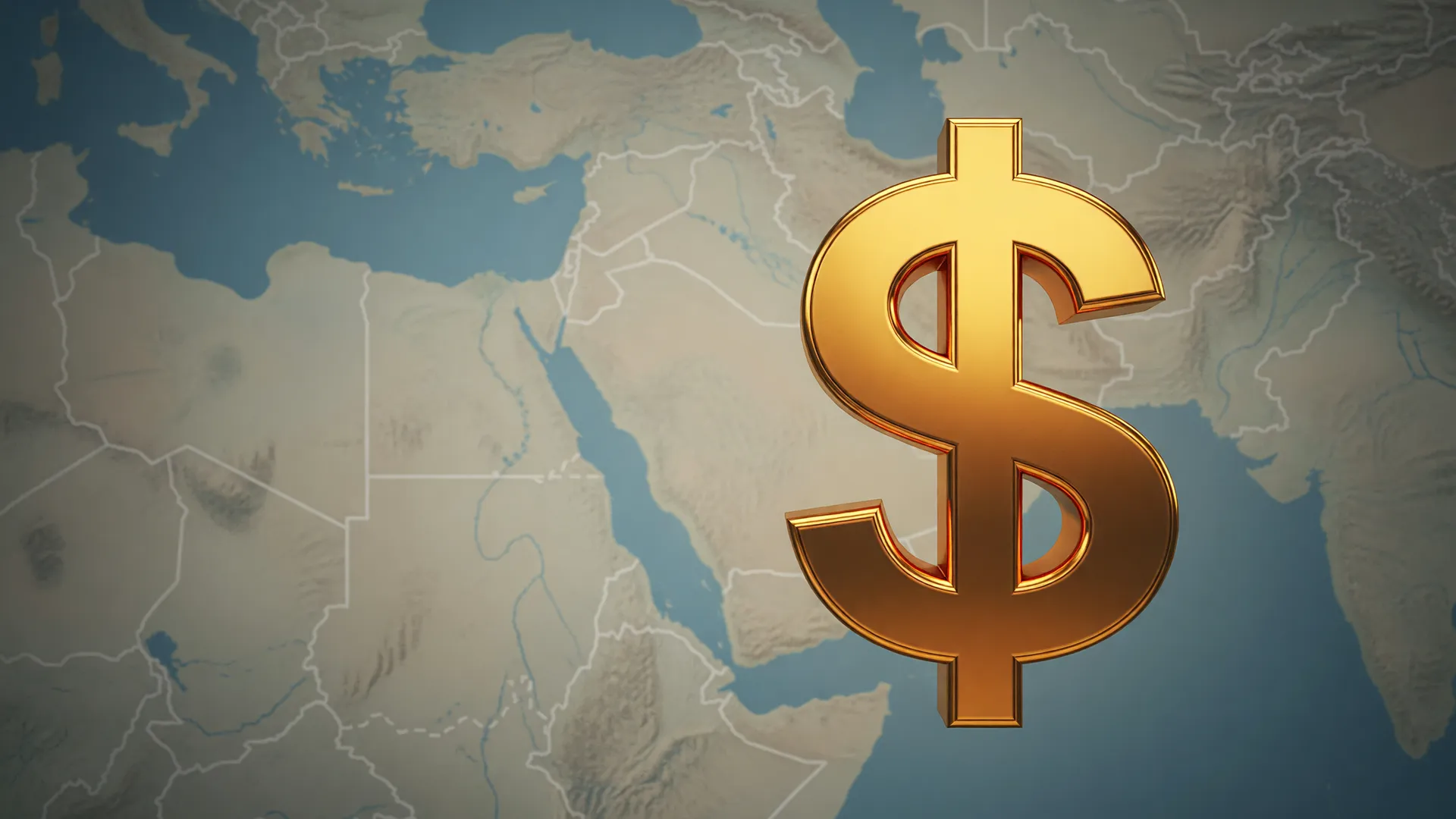 Mapa do Oriente Médio com símbolo do dólar em primeiro plano, representando a alta do dólar no Brasil por causa da crise no Golfo Pérsico