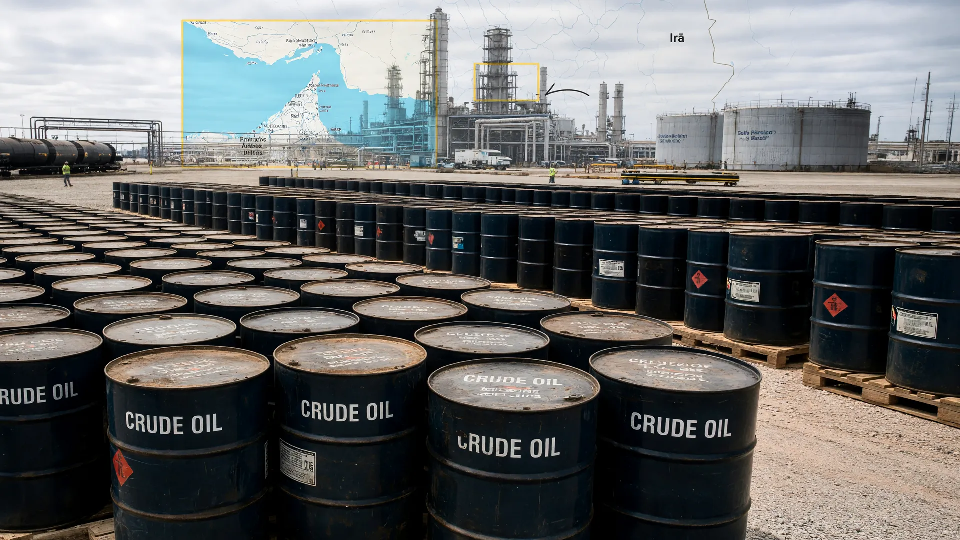 Barris de petróleo em refinaria com mapa do Estreito de Ormuz, mostrando impacto da guerra no Irã sobre dólar e petróleo