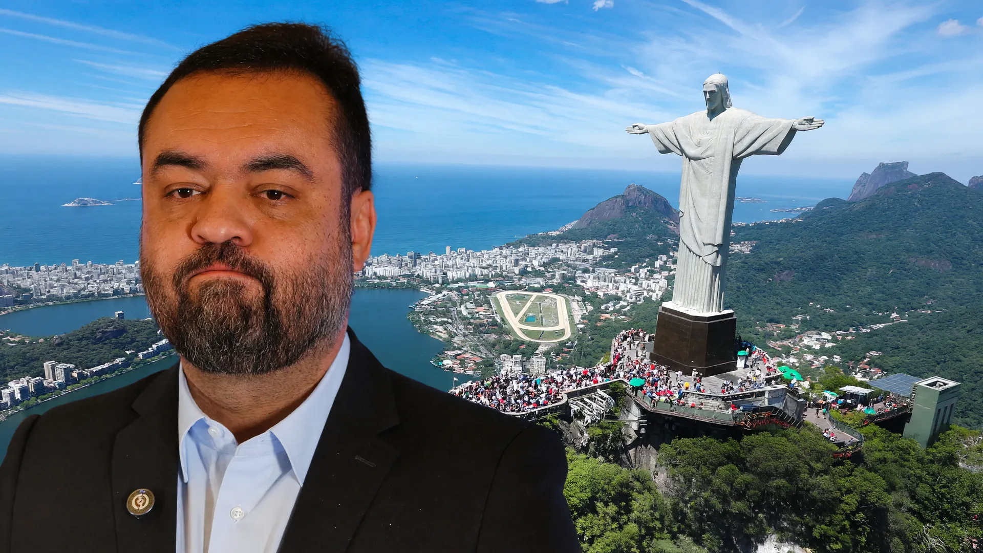 Cristo Redentor e retrato institucional em composição sobre eleição indireta governador Rio de Janeiro