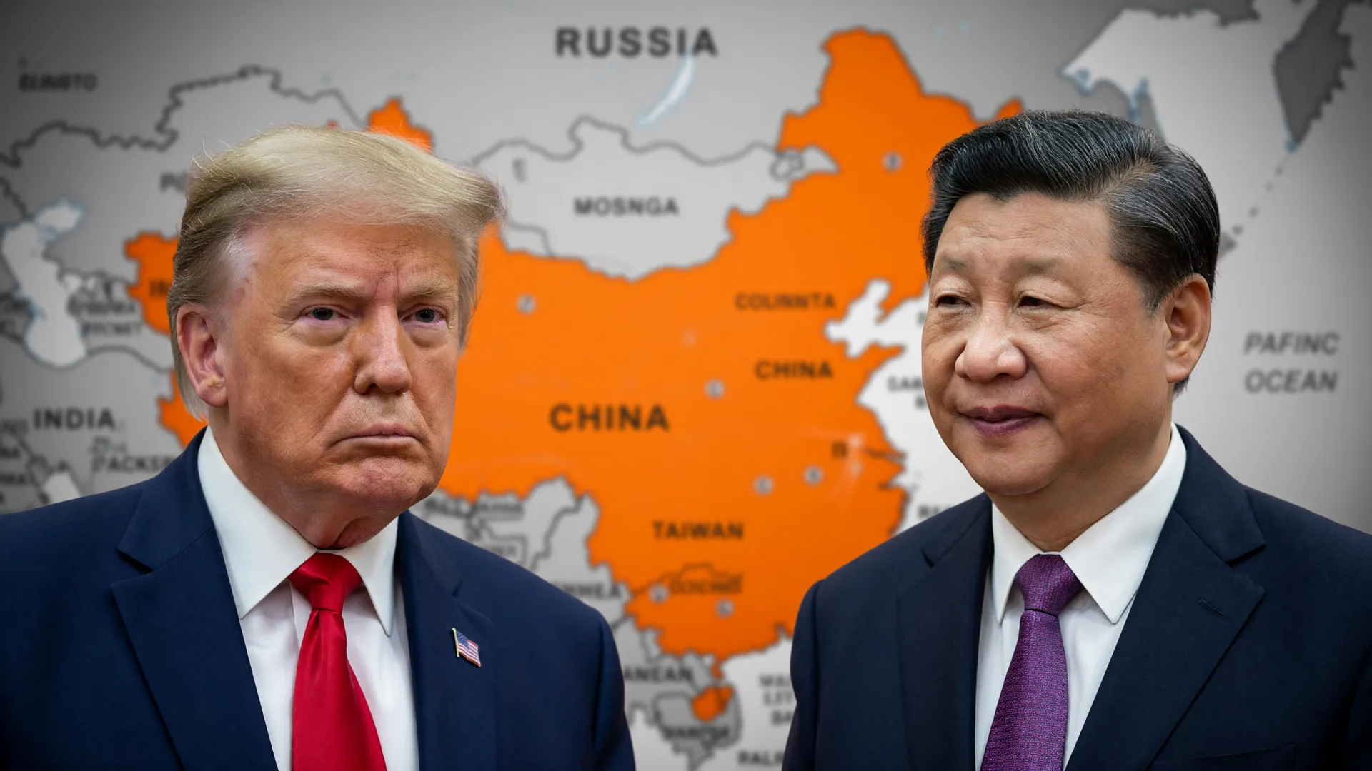 Retratos de Trump e Xi Jinping com mapa da China para o encontro Trump Xi Jinping Pequim