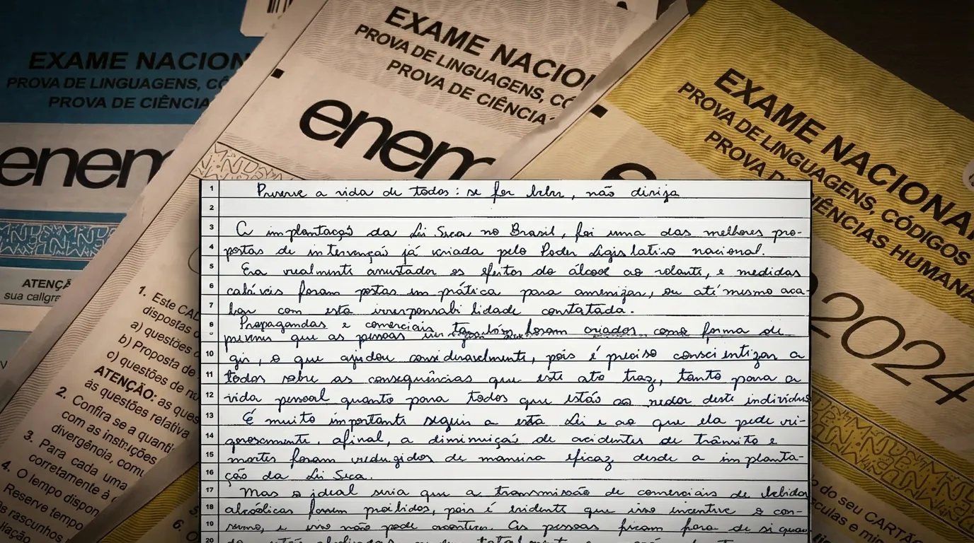 Folha de redação manuscrita ENEM com 30 linhas, evidenciando os erros notas redação Enem 2025
