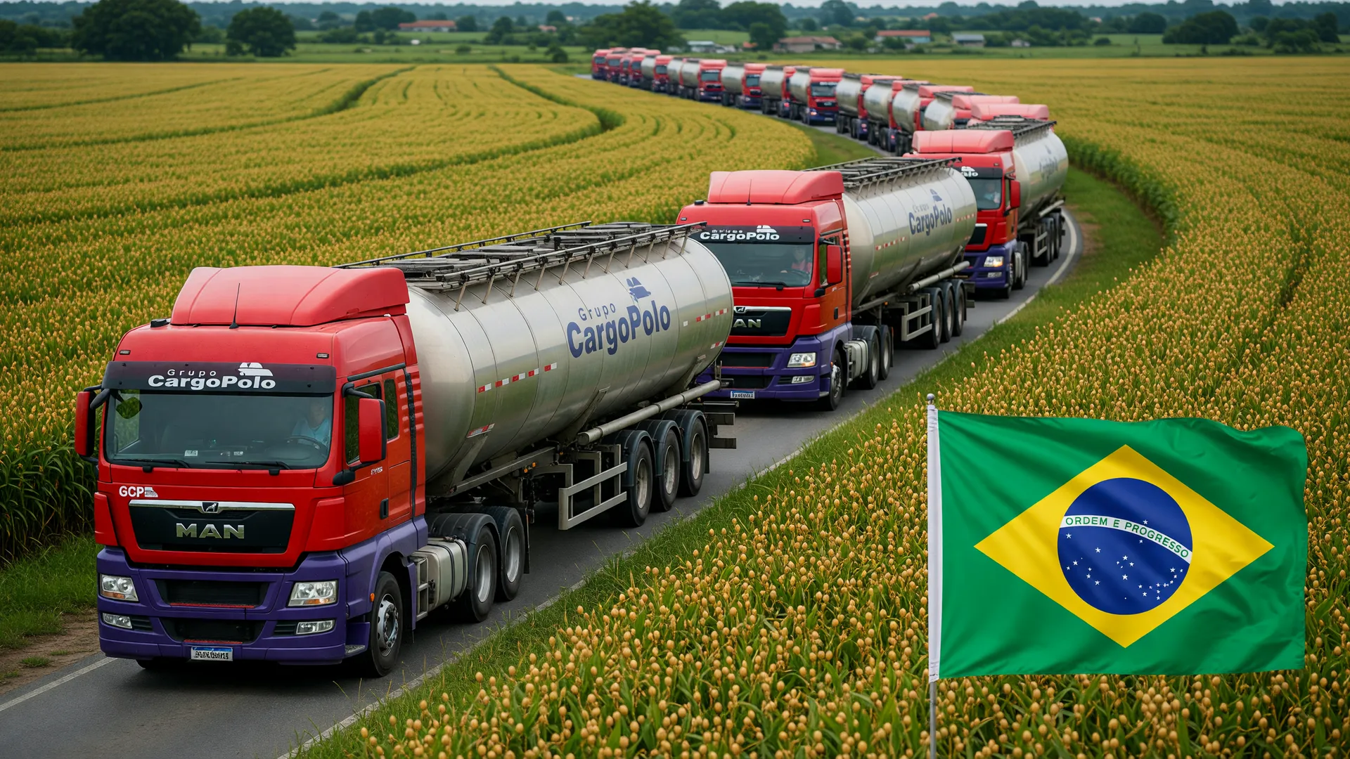 Fila de caminhões em porto brasileiro com colheita de soja ao fundo, ilustrando a crise no escoamento da safra de soja no Brasil