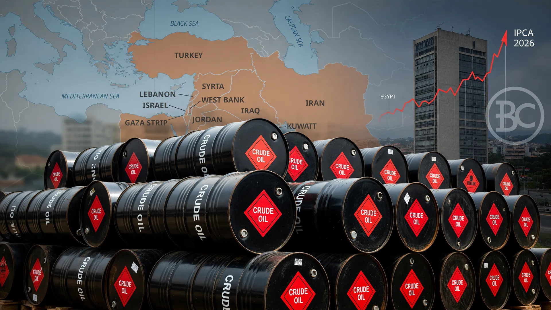 Mapa do Oriente Médio, barris de petróleo e símbolo do Banco Central sobre estimativa inflação IPCA 2026 guerra