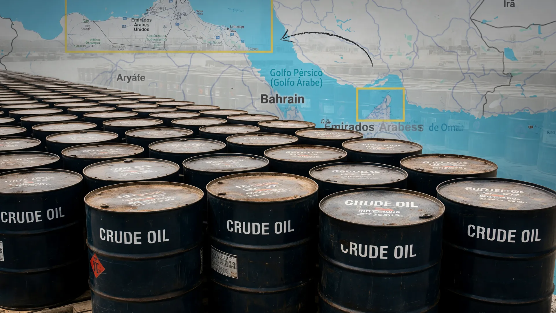 Estoques estratégicos petróleo em contexto de crise Irã: barris de crude e mapa Estreito Ormuz