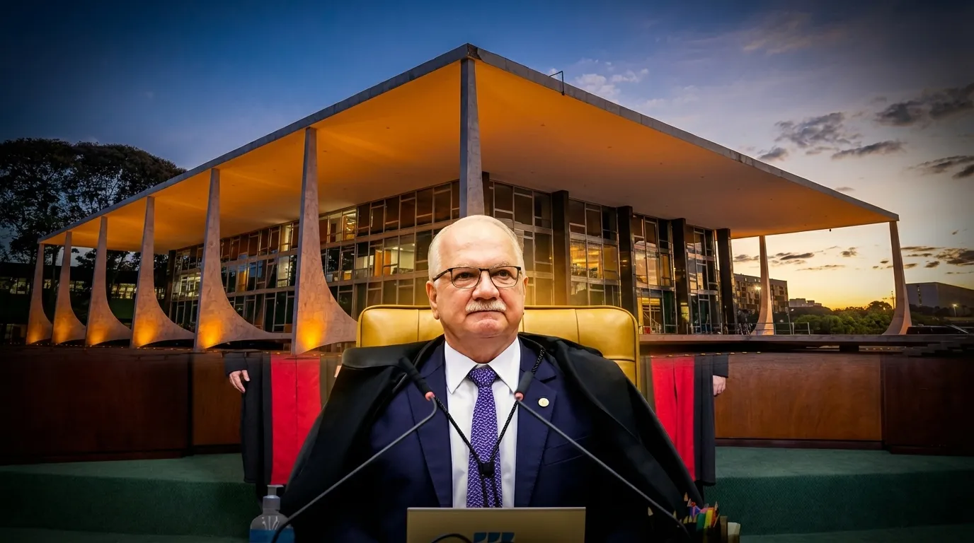 Fachin em pose de autoridade, STF ao fundo ao crepúsculo, vigilância constante da democracia pelo Judiciário