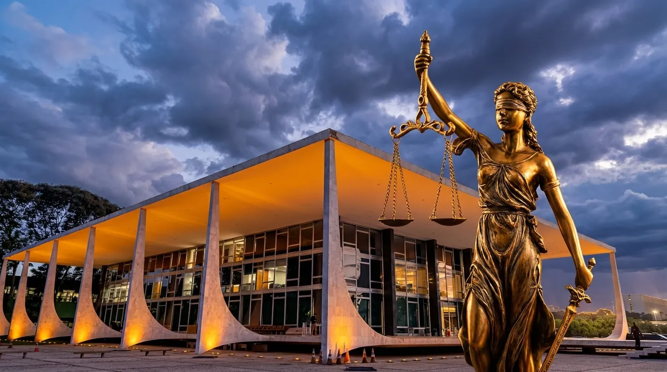STF ao entardecer com escultura de justiça, símbolo do fim da aposentadoria compulsória de juízes