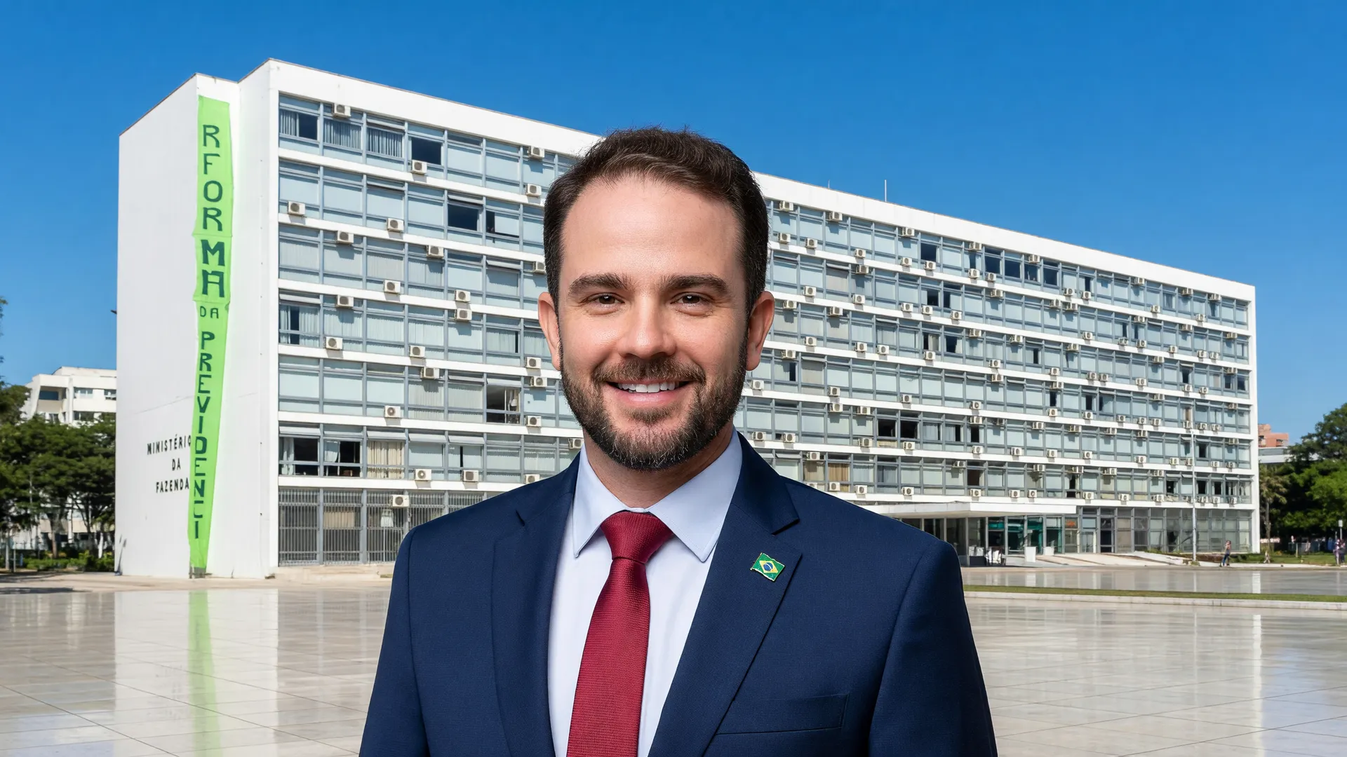 Retrato do ministro Dario Durigan e fachada do Ministério da Fazenda simbolizando o fim da declaração do IR