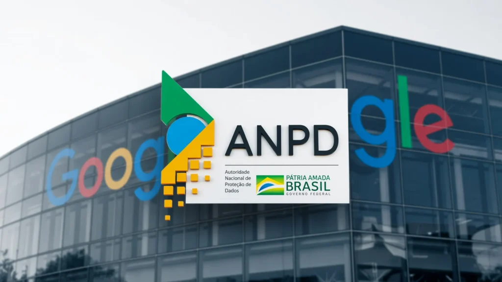 Logomarcas da ANPD e Google em composição editorial sobre fiscalização de lojas de aplicativos ECA Digital