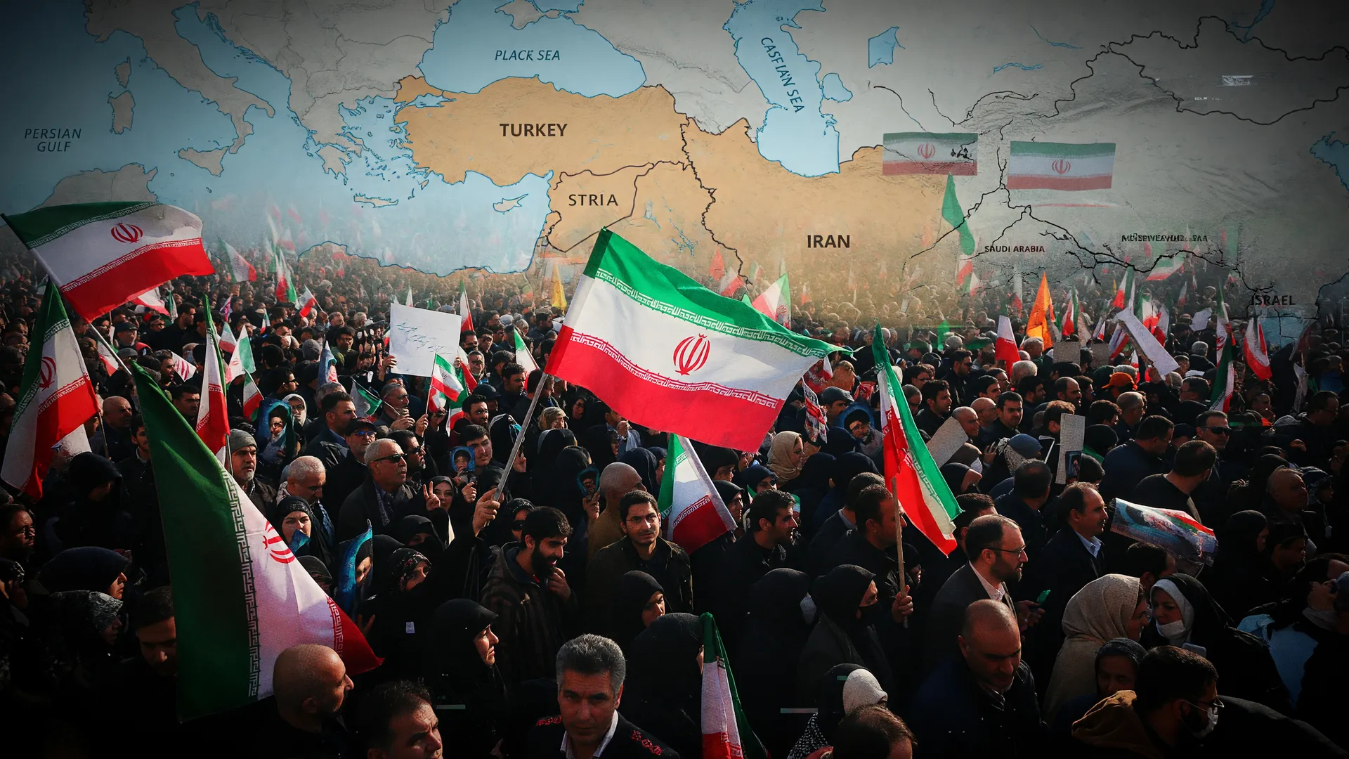 Símbolos iranianos durante guerra cibernética Irã-EUA-Israel: mapa do Oriente Médio representando conflito digital