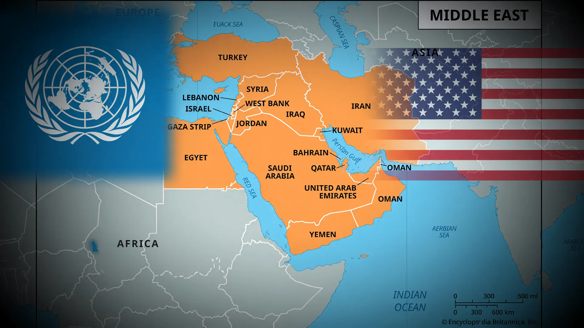 Mapa geopolítico do Oriente Médio mostrando a guerra fora de controle com símbolos da ONU e EUA