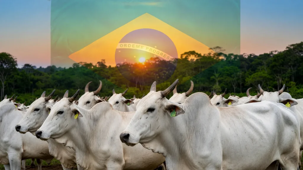 Gado branco confrontado com Floresta Amazônica ao entardecer, simbolizando a pecuária como principal vetor de desmatamento