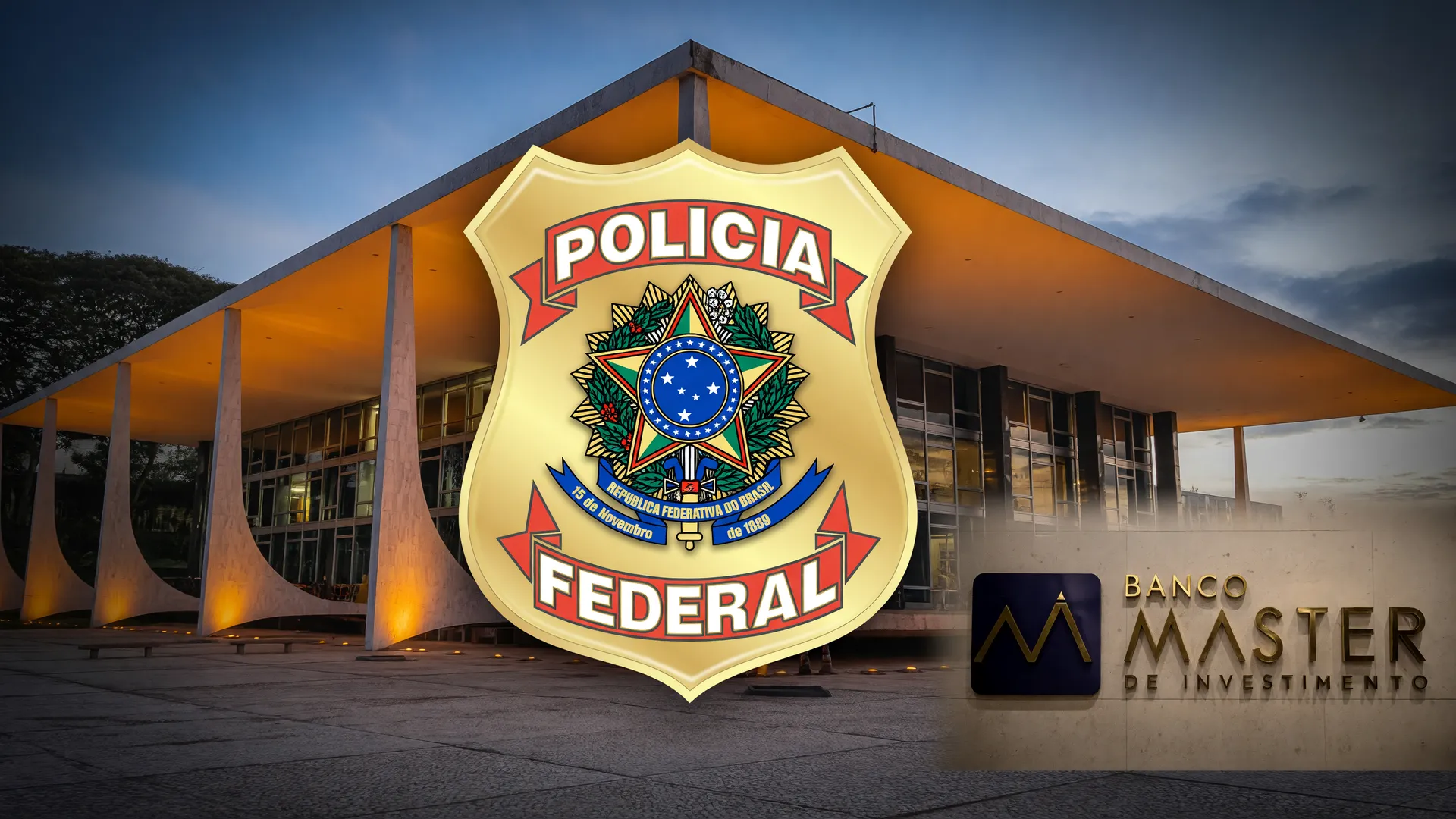 STF ao entardecer com símbolo da Polícia Federal enfatizando inquérito sobre ameaças Tanure no caso Master
