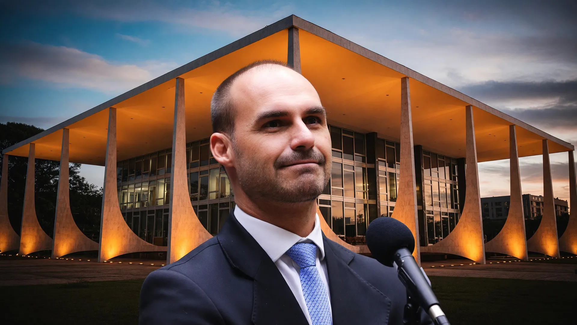 Retrato de Eduardo Bolsonaro com o STF ao fundo, representando o interrogatório judicial agendado para abril