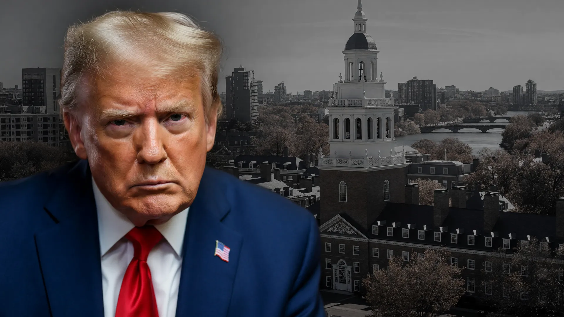 Retrato de Trump com campus Harvard ilustrando investigações Trump contra Harvard por discriminação