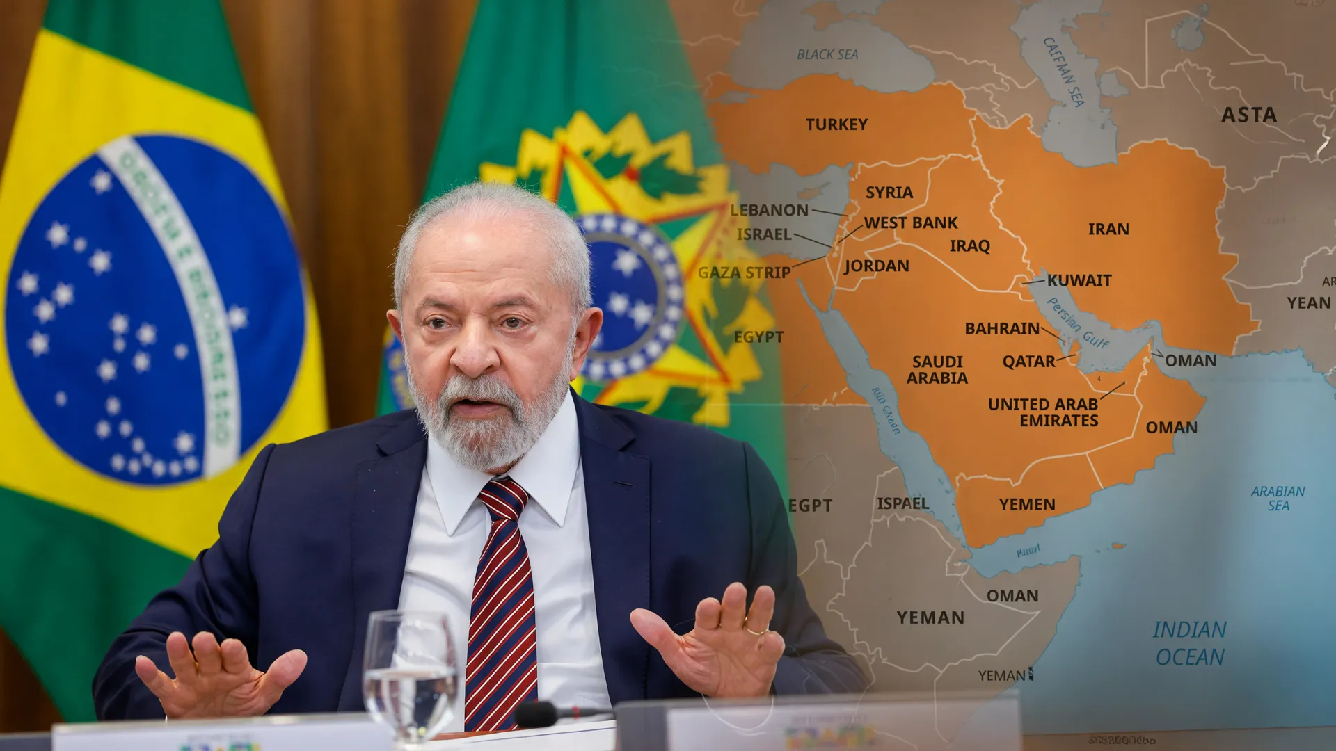 Presidente Lula com mapa do Oriente Médio ao fundo, ilustrando decisão sobre isenção de ICMS de diesel importado