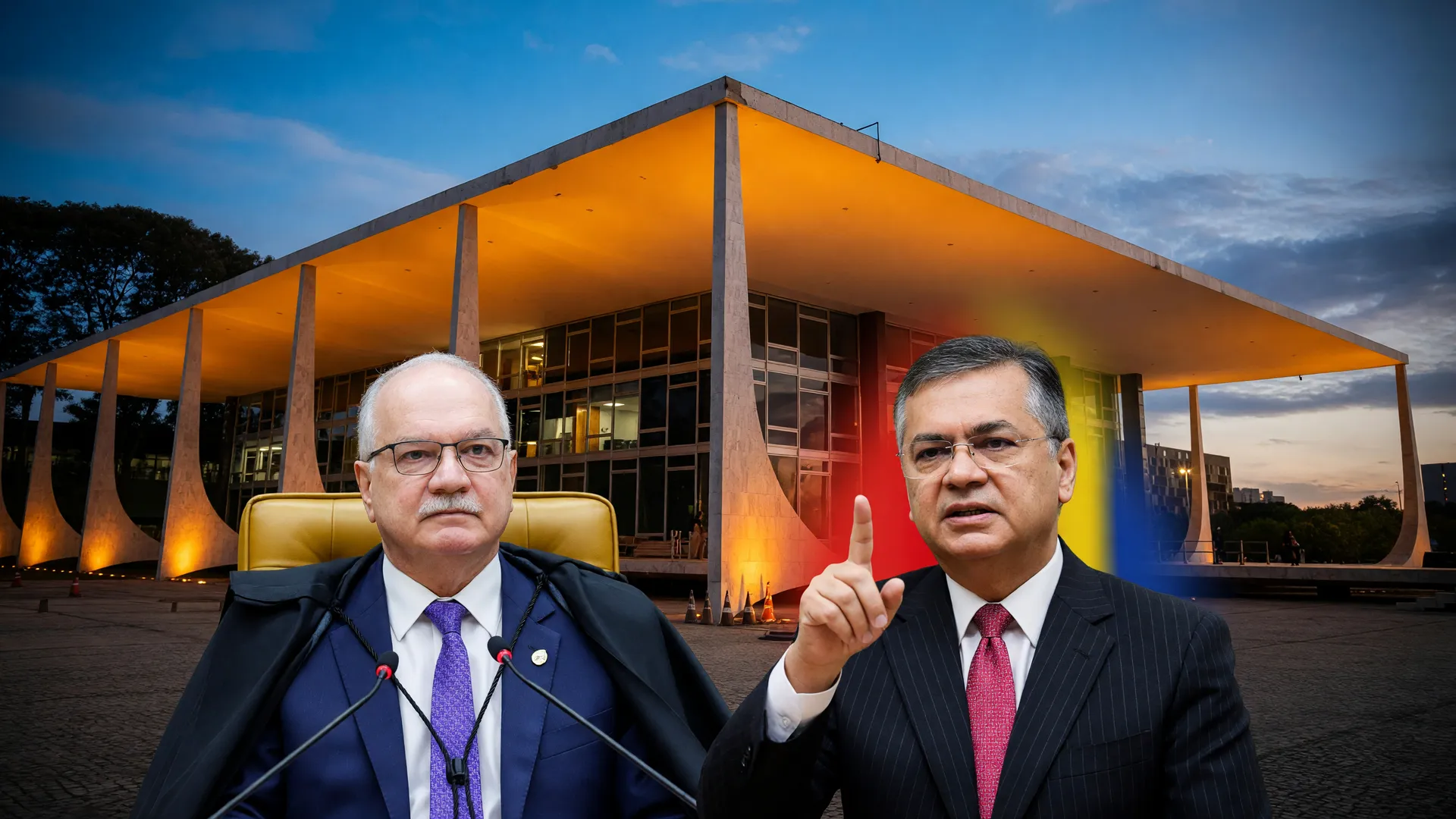 Fachada do STF ao entardecer com ministros Edson Fachin e Flávio Dino em julgamento dos penduricalhos STF 2026