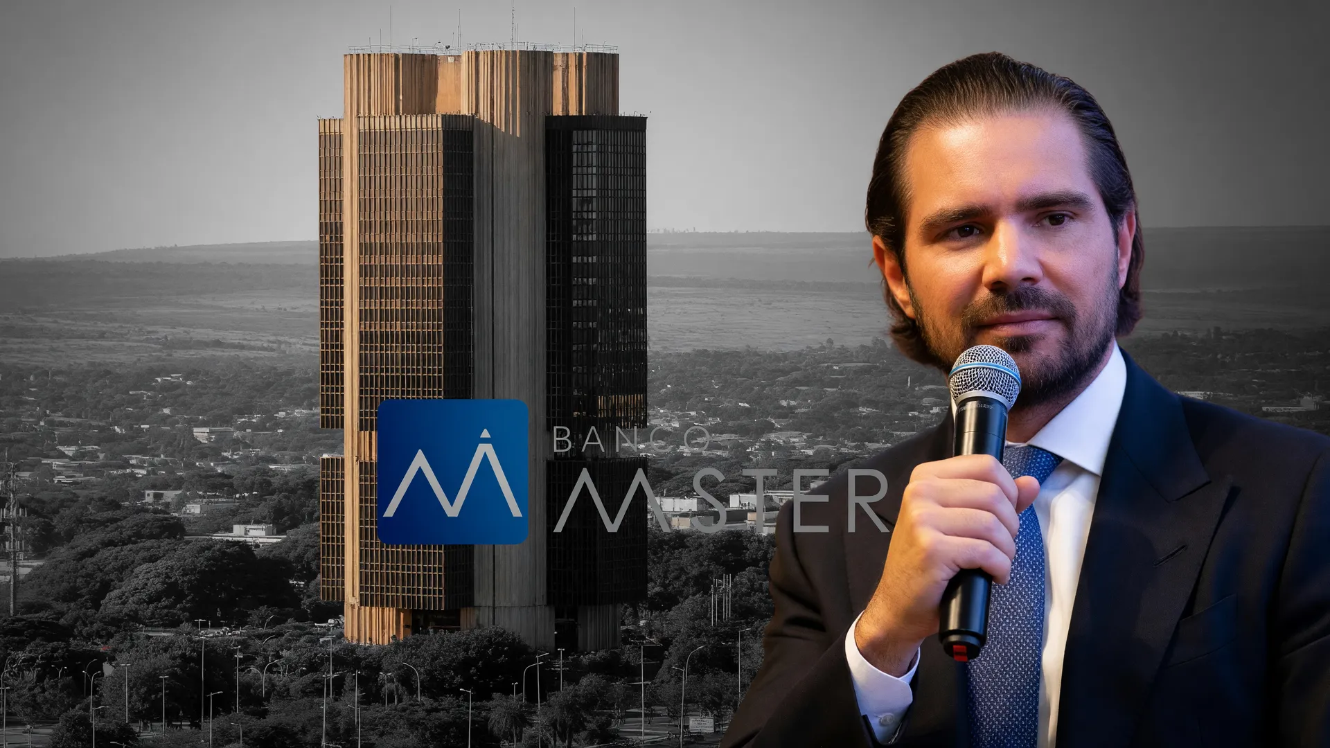 Banco Central com símbolo do Banco Master e Daniel Vorcaro, mostrando estabilidade do sistema financeiro após liquidação