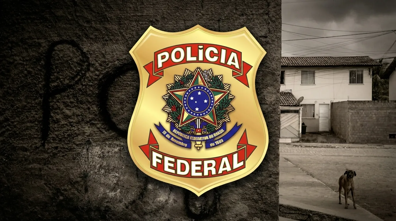 Brasão da PF em primeiro plano sobre cena periférica com pichação, retratando a operação da PF contra facções criminosas
