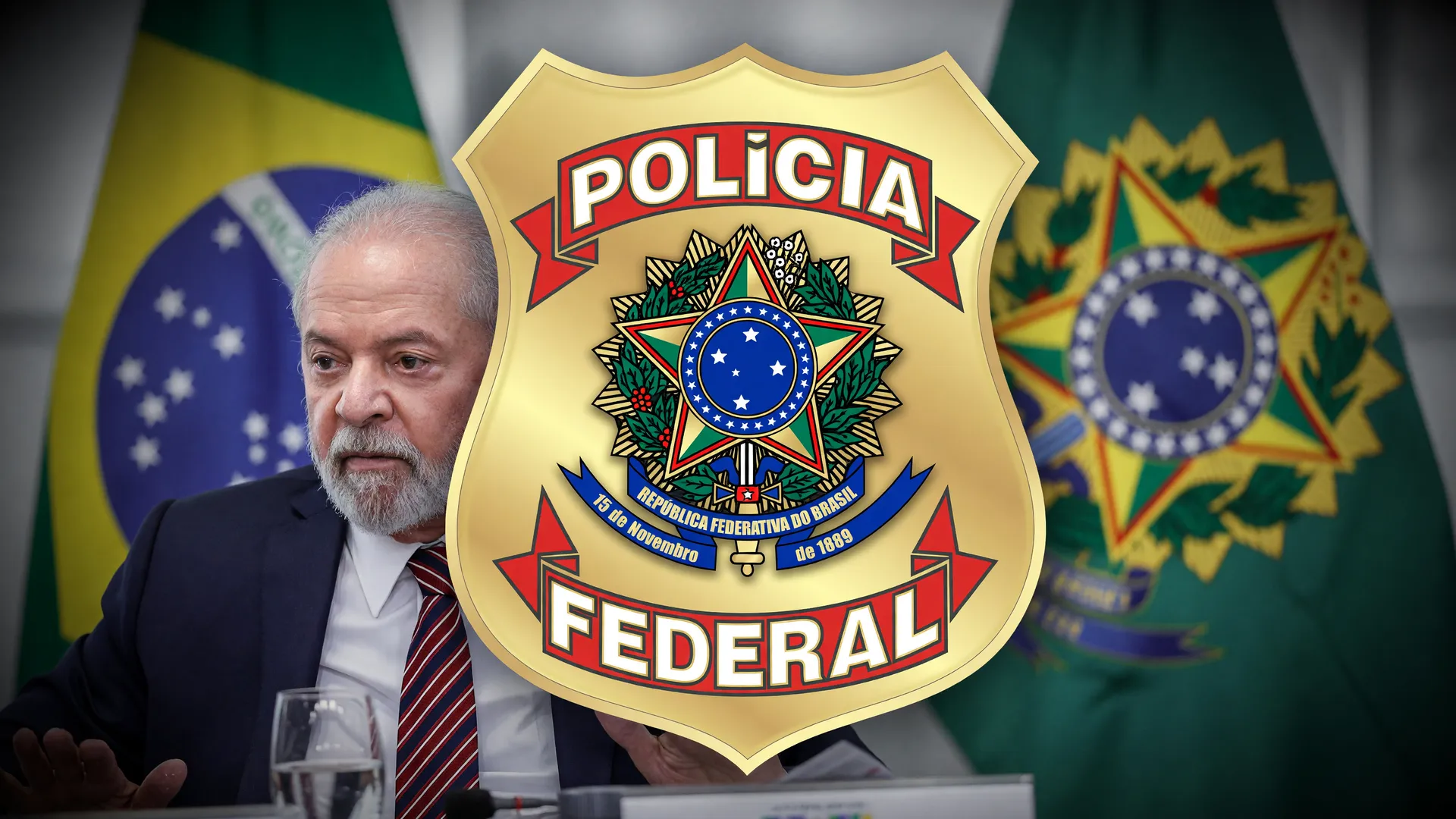 Brasão da Polícia Federal e retrato presidencial: símbolos da operação PF contra preços abusivos de combustíveis