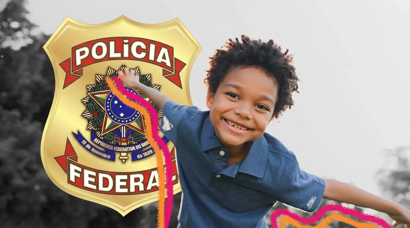 Símbolo da Polícia Federal com criança em destaque, operações PF contra abuso sexual infantil internet