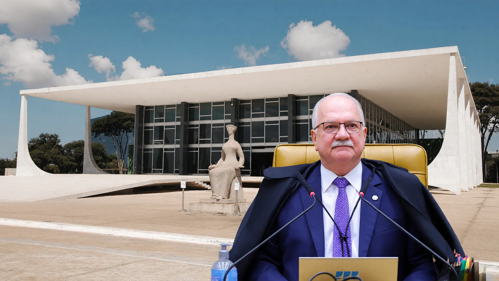 Símbolo do STF e ministro em deliberação sobre penduricalhos no judiciário e limites do teto salarial